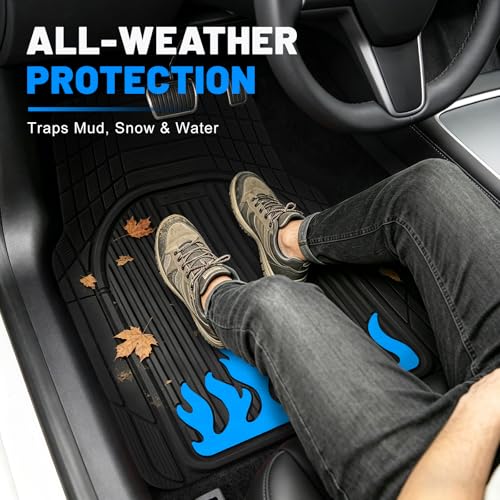 OEMATS Heavy Duty Rubber Car Mats Flame Design (Electric Blue), 4-Piece Deep Waterproof Floor Mats Set (Front & Rear Full Set), All Weather Universal Trim to Fit Automotive SUV Sedan Truck — view 4