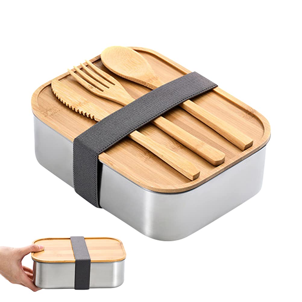 Bento Lunch Box Stainless Steel Metal Container Wooden Lid with 3 Piece Cutlery Set Lunch Box Adult and