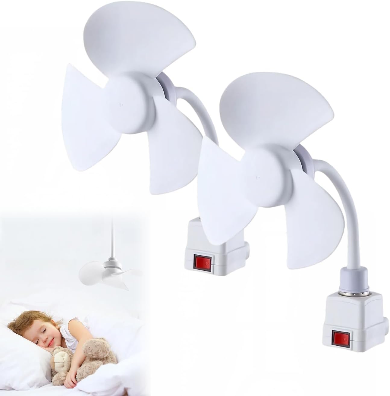 Aimery E27 Socket Ceiling Fans with Plug Adapter,Mini Quiet Electric Fan with Flexible Gooseneck Plug and Light Bulb Base, Home Socket Kitchen & Bathroom Fans (2PCS)
