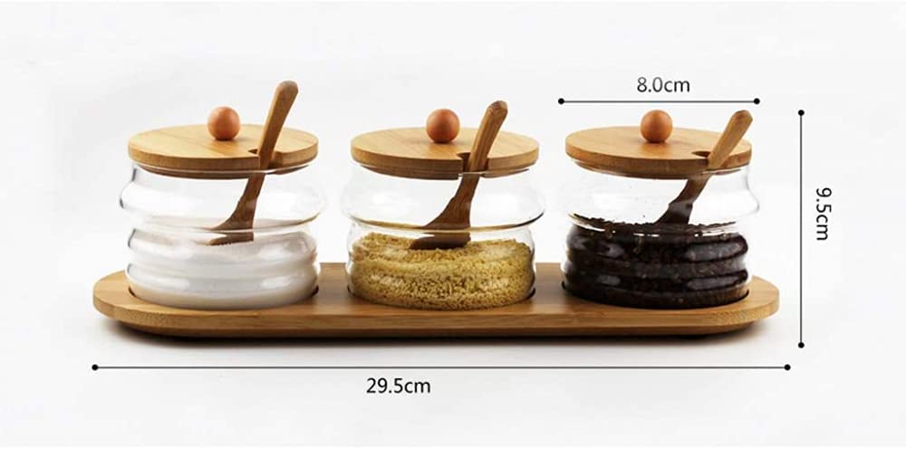 Bambus-Küchen-Aufbewahrungsdosen-Set, 3-teilig, Gewürzbox und Glas für Salz, Gewürze und Kräuter, stilvoller Haushalt (25 x 9,5 x 7,5 cm)