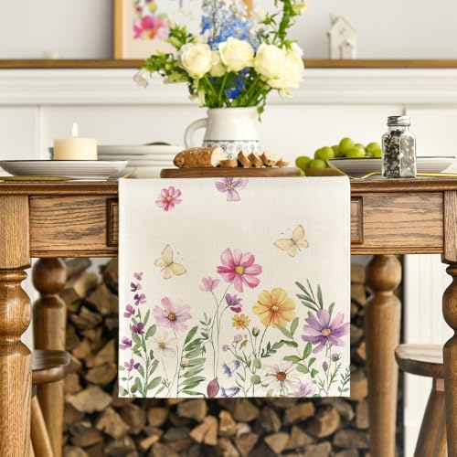 Artoid Mode Blumen Schmetterling Frühling Tischläufer, Saisonnal Sommer Küche Tisch Dekoration Drinnen Urlaub Party Dekor 40x240 cm