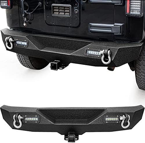 LEDKINGDOMUS Rear Bumper Compatible with 07-18 Jeep Wrangler JK and JK Unlimited with 2x LED Lights & 2" Hitch Receiver Textured Black