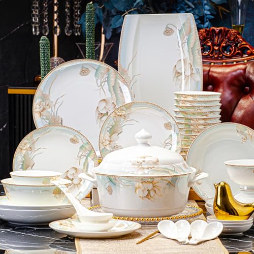 Juego de vajilla de porcelana moderna de lujo de 56 piezas, vajilla de cerámica, plato de arroz, platos de cuchara, palillos, plato de pescado, olla de sopa para 10 personas, fiesta de amigos