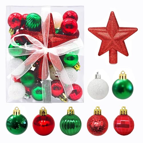 30 Stück Mini Weihnachtskugeln mit Aufhänger,3CM Klein Christbaumkugeln Rot & Grün & Weiß Kugeln Mini Weihnachtsbaum Tisch-Weihnachtsbaum Dekorationsset