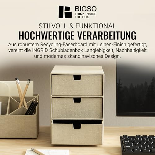 BIGSO INGRID Schubladenbox für Dokumente und Bürobedarf – Schreibtisch Organizer mit 3 Schubladen – Ablagesystem aus Faserplatte und Papier in Leinenoptik – beige