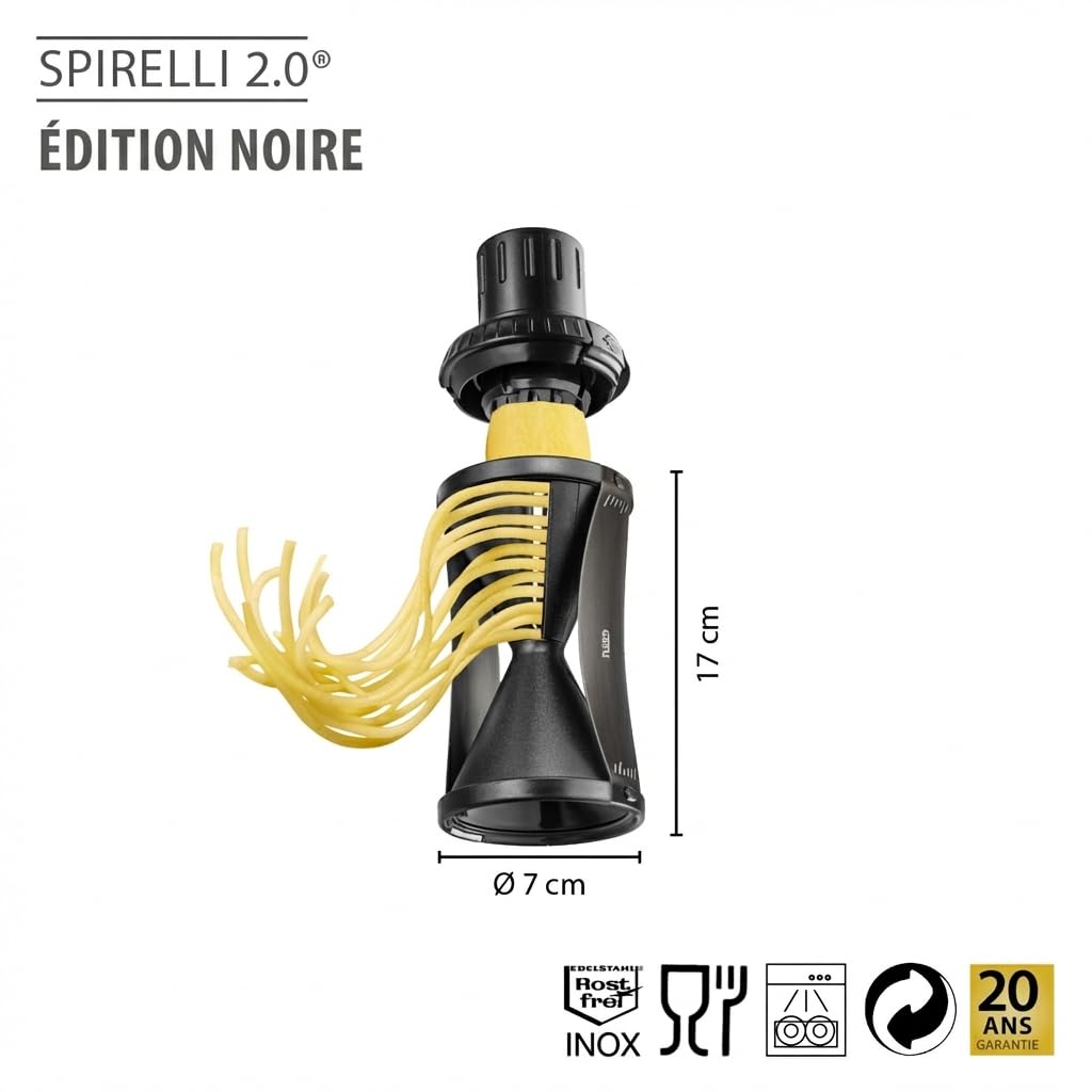 GEFU Spiralschneider SPIRELLI 2.0 Black Edition mit Gemüsehalter & Bürste, Julienne-Schneider für Gemüse bis Ø 5 cm mit 2 Schnittgrößen