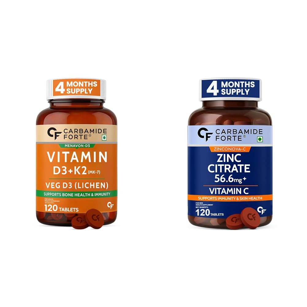 Carbamide Forte Vitamin D Tablets | Vitamin D3 K2 Supplement to support Bone & Heart Health | Veg D3 Lichen -120 Tablets & Zinc Citrate with Vitamin C | Zinc Supplements for Men & women with 100% RDA-image-4