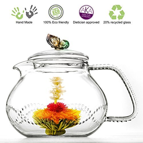 Tea Beyond Clear Glass teapot Rainbow Butterfly 24 oz/710ml Non drip Heat Resistant