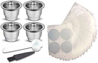 Mufern Juego de cápsulas de café rellenables de acero inoxidable Kit de filtro de taza de cápsula de café reutilizable con 100 piezas Alnum Autoadhesivo Adhesivo Nespro U Compatible CitiZ Pixie L