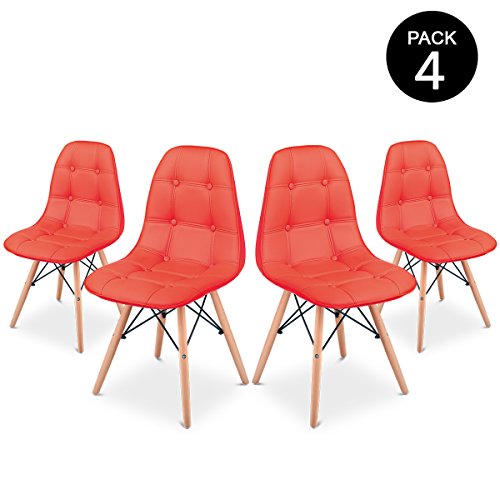 KEWAYES SENA BUTTON - Pack 4 Sillas Comedor con diseño Nórdico tower color Rojo, Silla Salón ergonómica con Asiento y Respaldo Tapizado abotonado en Polipiel ideal para Cocina y Terraza