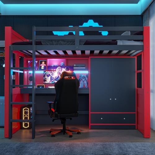 Aesvklom Lit Mezzanine Enfant 90 x 200 cm, lit Simple Style Gamer, avec échelle, rangements et Table, penderie et tiroirs, lit ado, Rouge et Noir