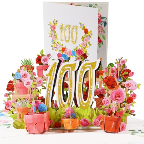 CNLITIHEKA Tarjetas desplegables para 100 cumpleaños, tarjetas de felicitación para el 100º cumpleaños, tarjeta emergente para el 100º cumpleaños, tarjeta de regalo de cumpleaños con nota y sobre.