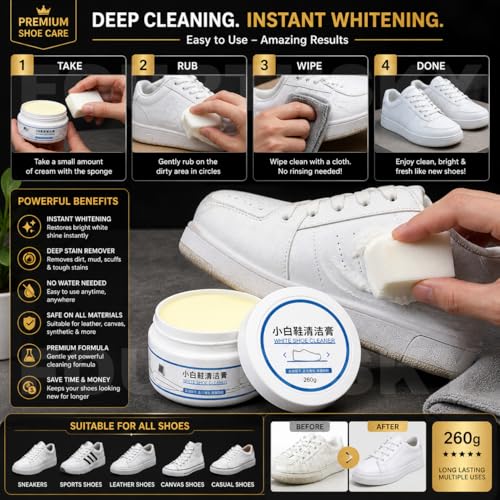 Image of White Shoe Cleaner Cream 260GM | Sneaker Cleaning & Whitening Cream | Instant Stain Remover for Sports Shoes, Canvas & Leather | Deep Clean & Bright White Finish