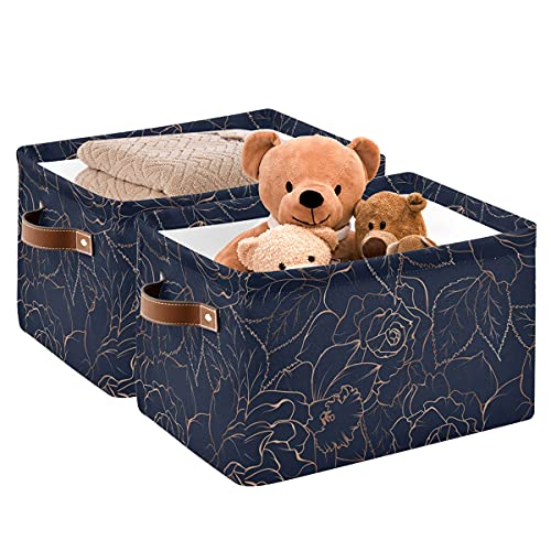 Susiyo Navy Blue Foldable Storage Bins, Peony Floral Storage Cube Bin Baskets For Shelves With Handles, Decorative Fabric Storage Baskets For Organizing Shelves Nursery Home Closet Toys 2 Packs #TOP27