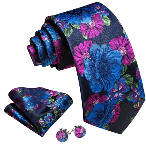 Image of Barry.Wang Flower Ties for Men Silk Woven Floral Tie Sets Necktie Handkerchief Cufflinks Wedding Party