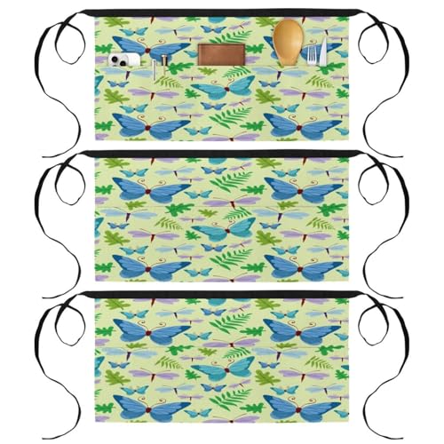 Lot de 3 tabliers courts de chef à 3 poches bleu et violet motif papillons