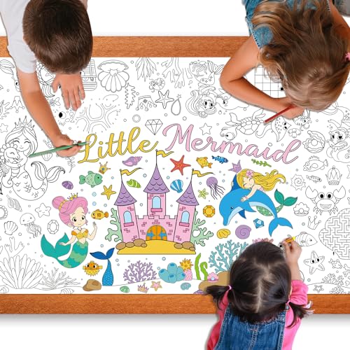 Image of Mermaid Giant Coloring Poster for Kids 30 x 72 Inch, Large Coloring Poster Sheets Tablecloth, Mermaid Themed Color-in Activities Games for Kids School Classroom Home Party Supplies Decorations