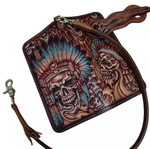 Indian Skull Chief Native American Leader Long Wallet, Card Holder, Apache, Headdress, Red Man, Men's 3D Genuine Leather Long Wallet, Carved wallet, Tooled wallet, Handmade Custom wallet, Personalized wallet, A
