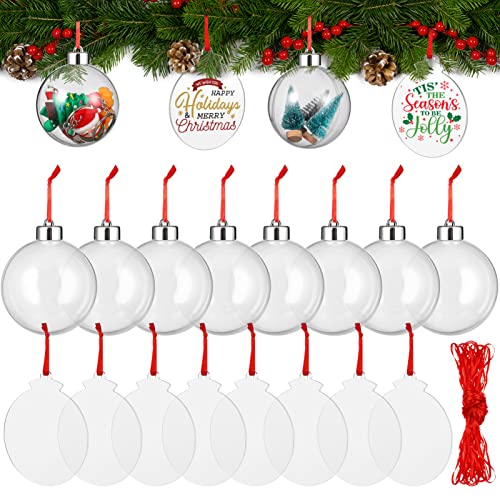 Hanabass 8 Stück Transparente Weihnachtskugeln, 8 Stück Acryl Rohlinge Weihnachten, 1 Bündeln Bänder Weihnachten Rot, Für Weihnachten, Neujahr, Hochzeitsfeier, Wohnkultur (80 mm/3,1 Zoll)