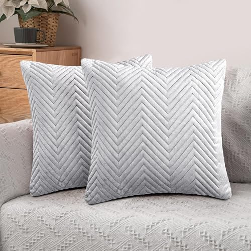 Hafaa Cushions with Covers Included 45 x 45 Cm Set of 4 (2 Silver Cushion Covers 2 Cushion Inserts) - Ultrasonic Velvet Square Throw Pillow Case Sofa Cushion with Invisible Zipper