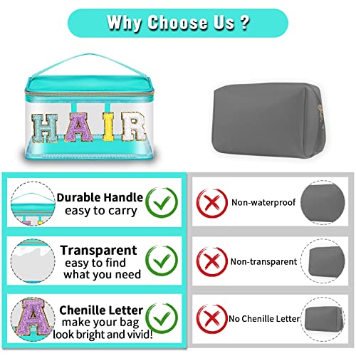 Chenille Letter Clear Makeup Bags Hair Pouch, Preppy Patch Makeup Bag Zipper with Handle, Transparent PVC & Nylon Waterproof Glitter Cosmetic Handbag Travel Toiletry Storage for Women Girl(HAIR-Green)4