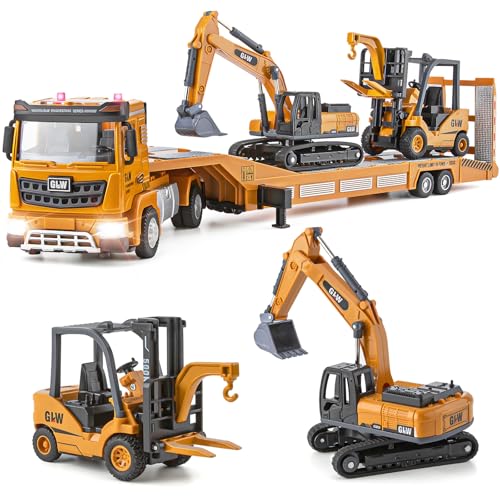 Die-cast Construction Truck Toys Set w/Semi Truck, Excavator, Forklift, Alloy Engineering Construction Vehicles Toys w/Lights & Sounds, Model Excavator,Model Forklift Toys for Boys Kids