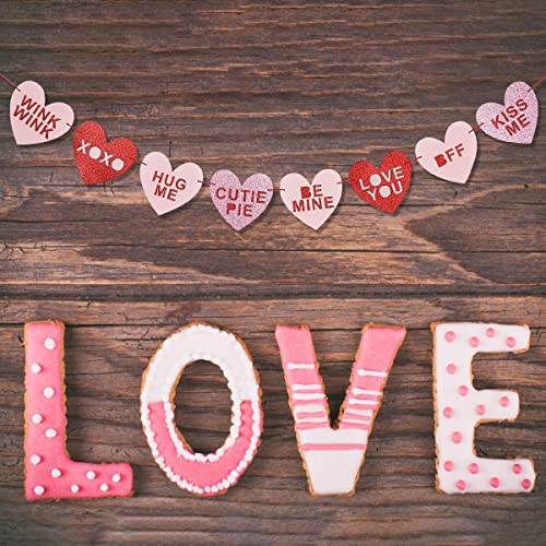 Image of Festiko Valentines Conversation Candy Hearts Banner - Red & Pink Glitter, Valentines Day Decorations