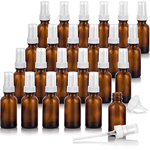 JUVITUS 1 oz Amber Glass Boston Round Bottle with White Treatment Pump (24 pack) + Funnel