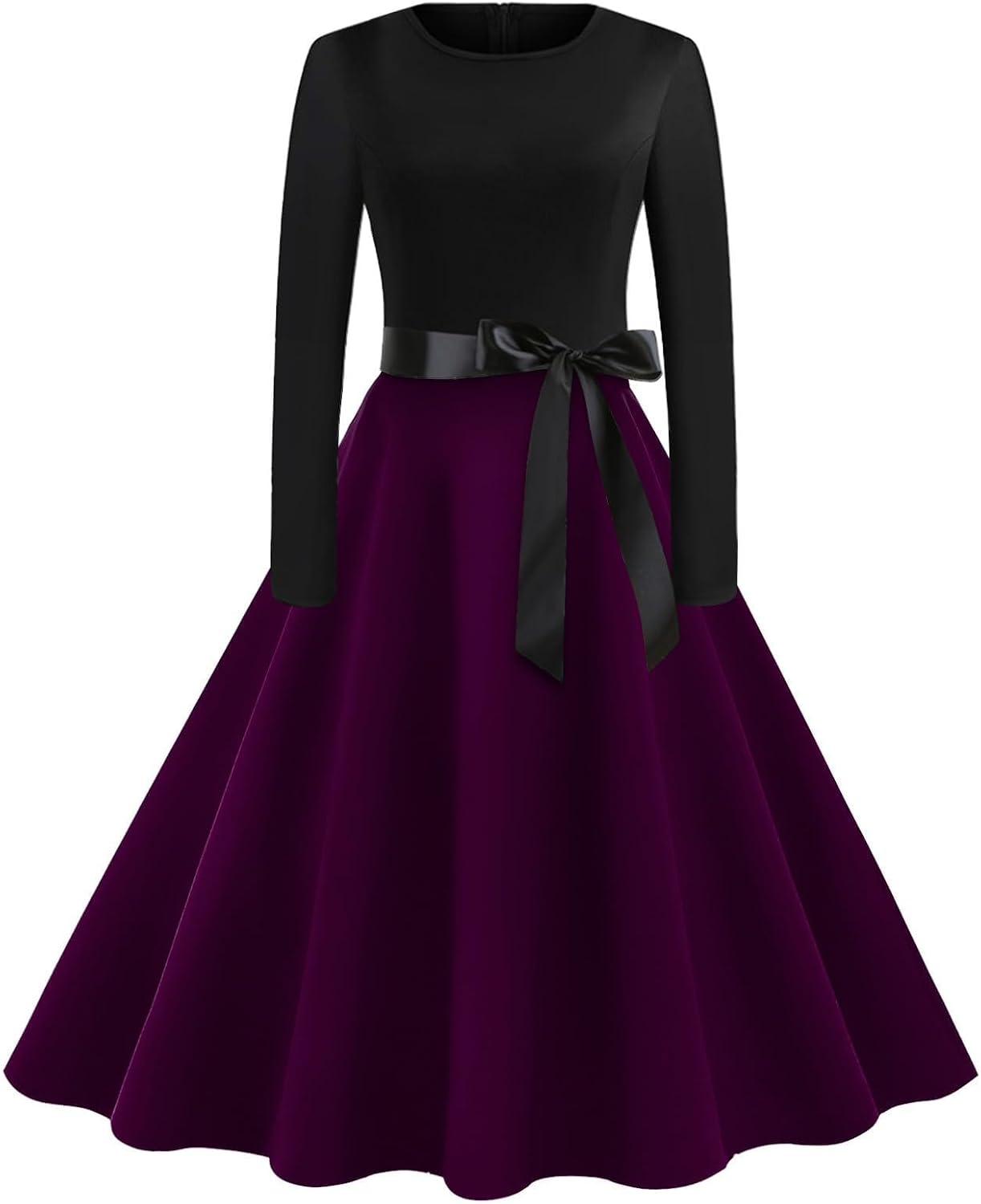 Vintage Dresses for Womens Long Sleeve Round Neck Tie Front Swing Midi Dress Cocktail Party Fashion Evening Gowns