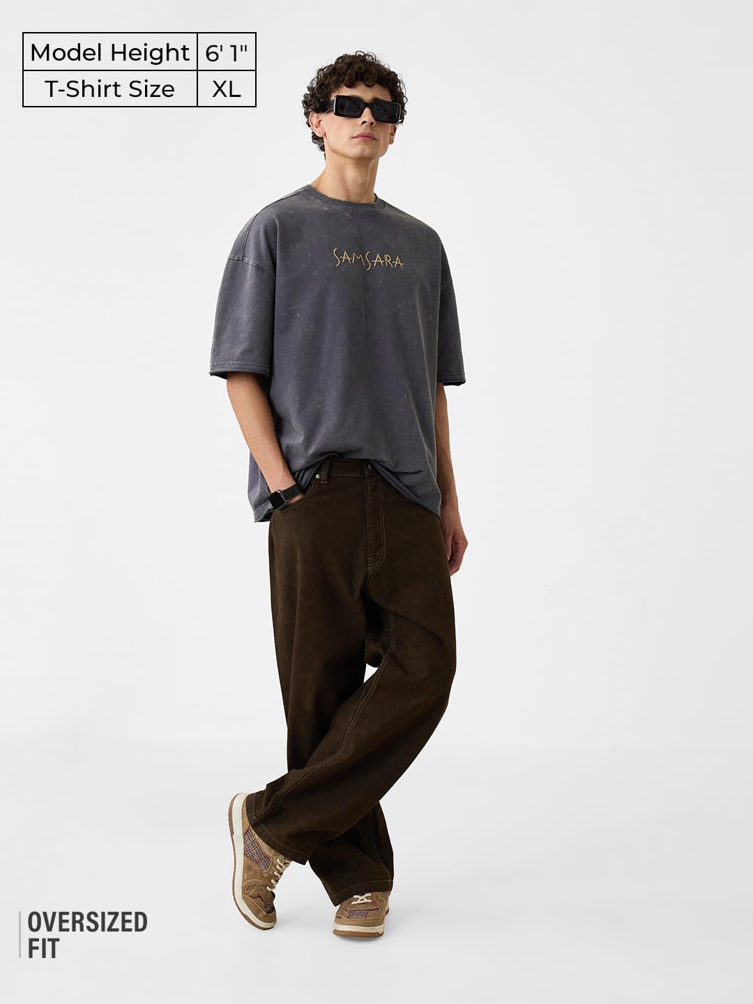 The Souled Store Samsara Herren Jungen Kurzarm Rundhalsausschnitt Grau Super Oversize Baumwolle Graphic Print T-Shirt