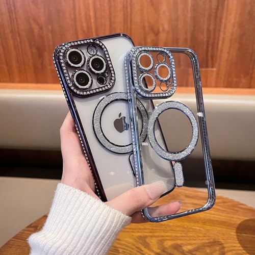 Sakanana iPhone 15 用 ケース キラキラ クリア Magsafe対応 ラインストーン カメラレンズ保護 ラメ おしゃれ 可愛い ソフト シンプル マグネット搭載 ワイヤレス充電対応 耐衝撃 黄ばみなし 軽量 薄型 ストラップホール付き（iPhone15,ピンク）