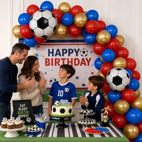Image of Soccer Balloons, 12 Inch Red and Blue Metallic Gold Latex Balloons with Soccer Ball 4D Foil Balloon for Boys Kids Sport Theme Birthday Decorations Football Lover Men Party Baby Shower Decor Supplies