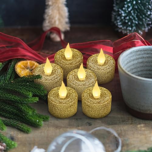 Image of FURORA LIGHTING Gold Glitter Flameless Tealights - 1.45 inch W x 1.57 inch H, 12-Pack, Batteries Included
