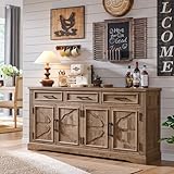 JXQTLINGMU 66' Large Buffet Sideboard Cabinet with 4 Doors and 3 Drawers, Buffet Table Coffee Bar Wine Bar Storage Cabinet for Dining Room, Living Room (Light Borwn)