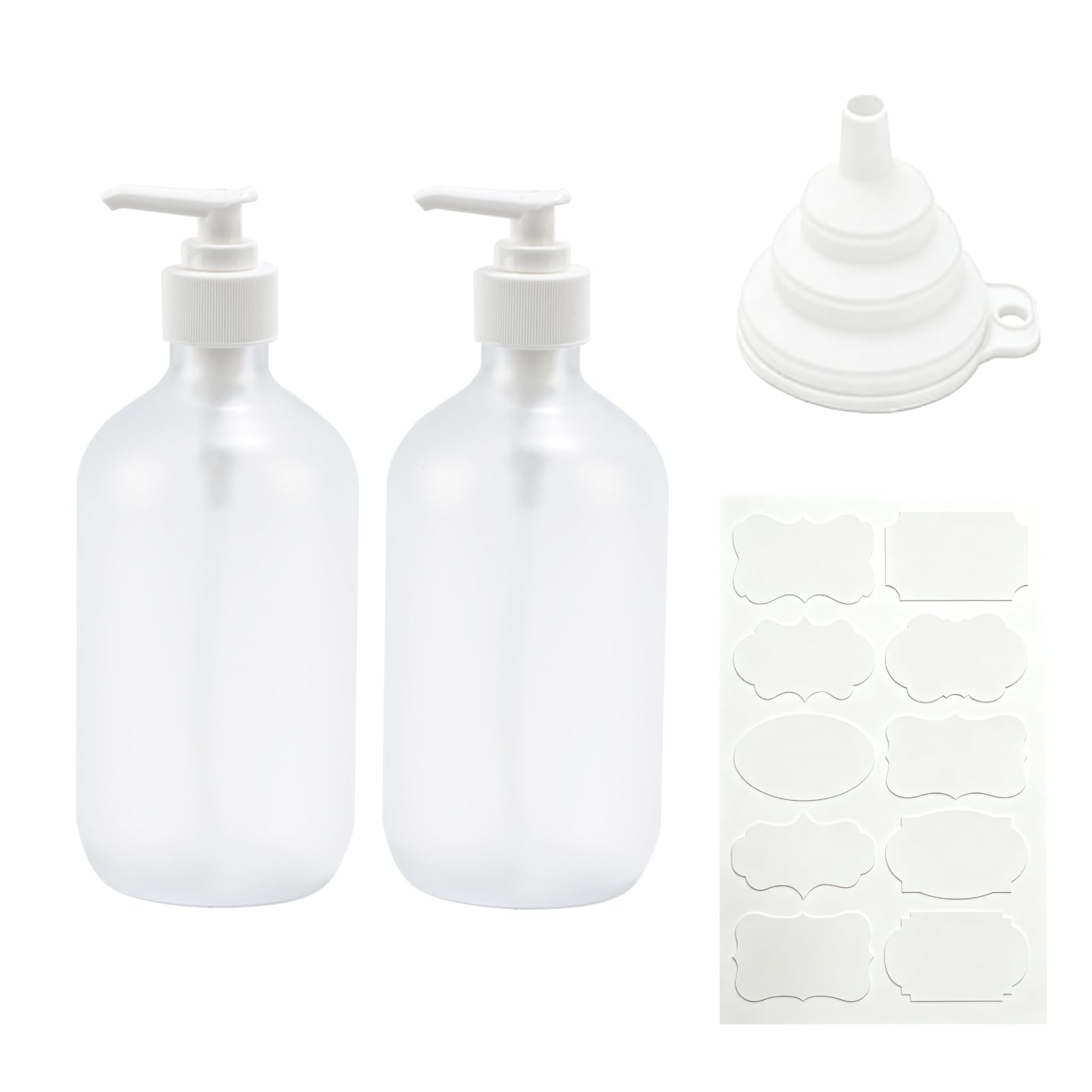 2 Pcs Soap Dispenser, 500ML/17oz Pump Bottle Dispenser, Empty Refillable Shampoo and Conditioner Bottles for Bedroom Kitchen Lotions Washing Up Liquid Dispensers, with Funnel & Stickers(Matte Clear)