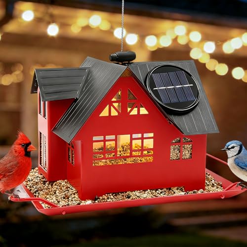 Solar Bird Feeders for Outdoors Hanging, Heavy-Duty Metal Birdfeeders Outside Hanging with Solar Lights, Wild Bird Feeders for Garden Decor, Unique Gifts for Bird Lovers, Mom and Grandma