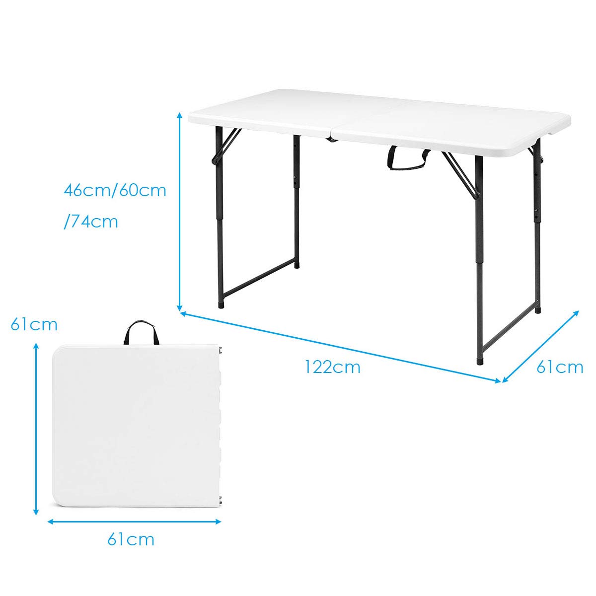GIANTEX Tavolo da Campeggio Pieghevole con Altezza Regolabile | Tavolo da Giardino Portabile con Maniglia di Trasporto e Telaio in Acciaio, 3 Posizioni, Portata 150kg, 122x61x46/60/74cm