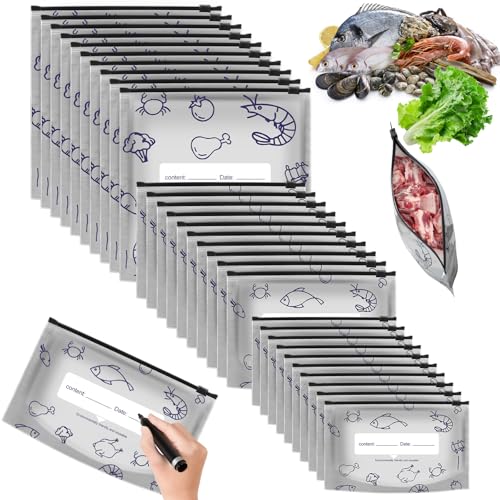 30 sacchetti per congelatore con zip, riutilizzabili, in pellicola di alluminio, per verdure, frutta e carne