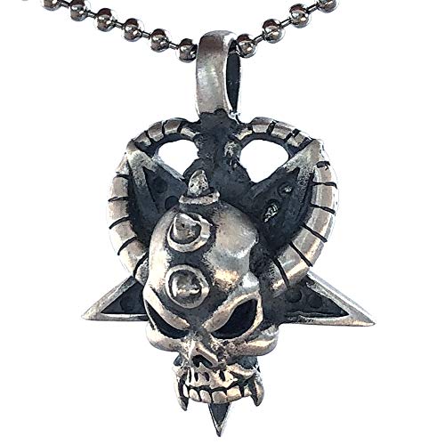 Gothic Horned Demon Skull Asura Baphomet Devil Satan Laveyan Satanic Inverted Pentagram Star Wicca Wiccan Magic Pewter Men's Pendant Necklace Protection Amulet Wealth Lucky Charm w Silver Ball Chain