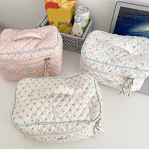 Cessfle Kawaii Cotton Makeup Bag Large Travel Cosmetic Bag Quilted Coquette Makeup Pouch Aesthetic Floral Toiletry Bag #TOP2