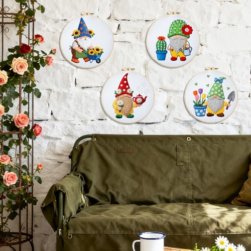 Image of BEUNITONE 4 Set Gardener Gnome Embroidery Kit for Adult Beginners with Hoop