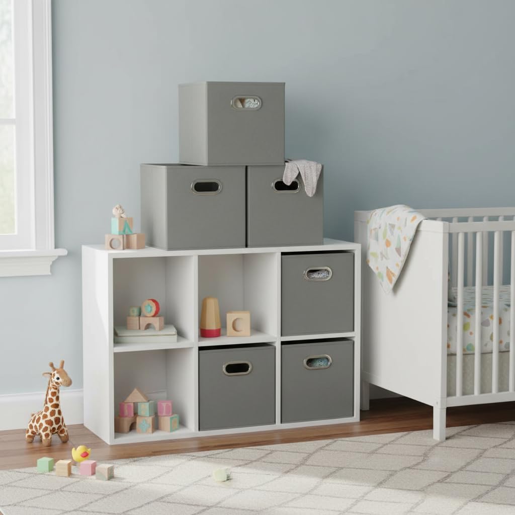 Household Essentials Fabric Storage Bins 6 Piece Set, Strong Poly-Woven Fabric, Sturdy Chipboard Sides, Grommet Front Handle, Stackable and Foldable, Classic Design, Dove Gray