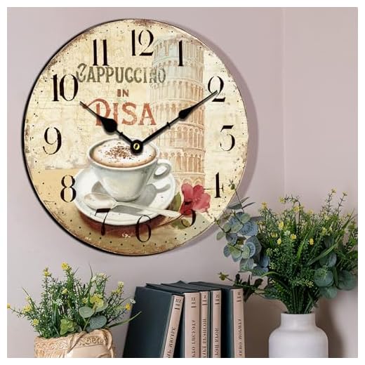 HQF Wall Clock,14" Italian Wall Clocks Coffee & Torre di Pisa Style Vintage Rustic Clocks Silent Clocks Farmhouse Clock Upgraded Movement for Living Room Bedroom Kitchen Decor