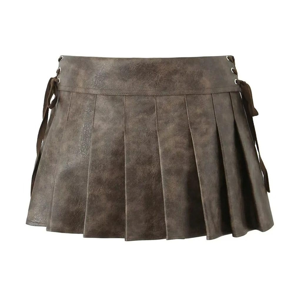 SWEPER Jupe Courte Femme - Jupe en Cuir Artificiel avec Fente Latérale À Lacets pour Femmes, Mini Jupe Plissée Douce, Fermeture Éclair Latérale