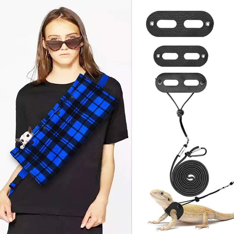 CQJ Small Animal Sling Carrier, Blue Grid, Bearded Dragon, Reptile, Large, Button Closure, 17 x 8 x 8 inches