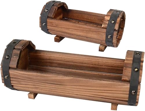 DOITOOL Macetas rústicas de medio barril, paquete de 2 macetas de madera, macetas de madera para exteriores, macetas de madera para jardín, patio,