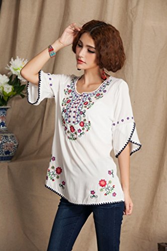 Image of Mexican Shirts Peasant Blouses Cotton Embroidered 3 /4 Sleeve Bohemian Tops Boho Clothes for Women Summer Fiesta