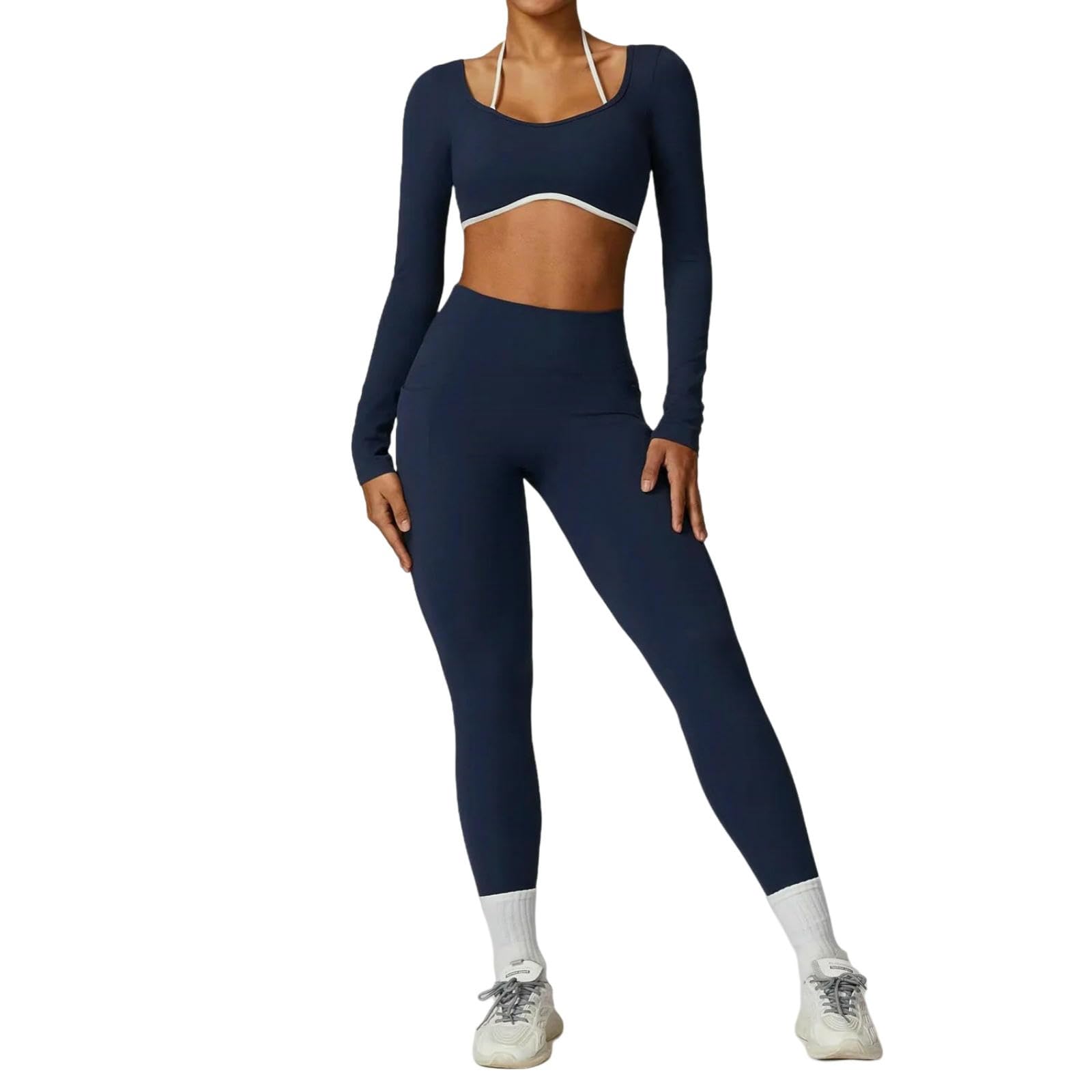 Shapewear zestaw do jogi, 2 sztuki, odzież sportowa, push up, odzież treningowa, dla sportowców, na siłownię, legginsy, biustonosz fitness, krótki top, długi, niebieski, L