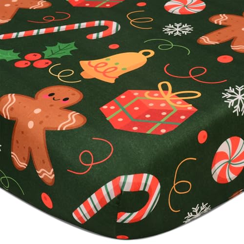 Christmas Crib Sheet, Fitted Crib Sheet with Christmas Bell, Cane, Gingerbread Man, Measuring 52'' x 28'' to fit Standard Crib & Toddler Mattresses,...