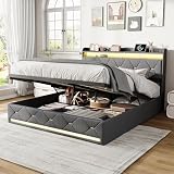 Cama con Arcón 160x200 con LED y Carga Inalámbrica, Lino (Gris-2)